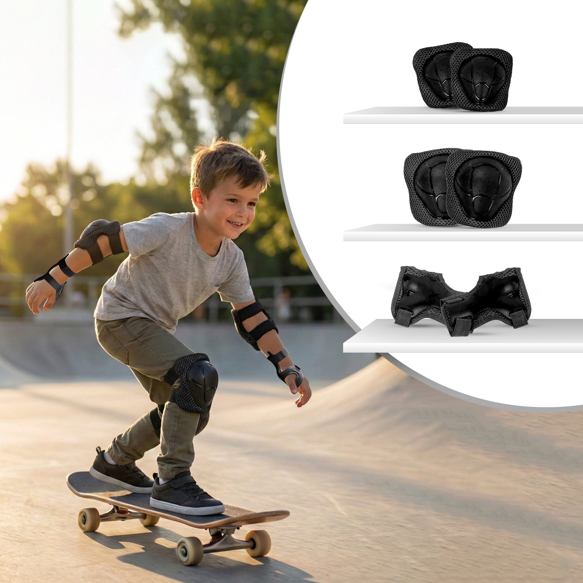 Kids Safety Protector Pads Set, Cushioned Knee, Elbow & Wrist Guards for Outdoor Riding & Sports - Black Sports