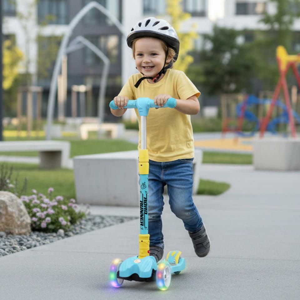 Road Runner Scooter For Kids - PU LED Wheels, 4 Level Height Adjustment, Anti Slip Deck, Safety Certified, 3-Wheel scooter, Easy use, 3-7years - Blue