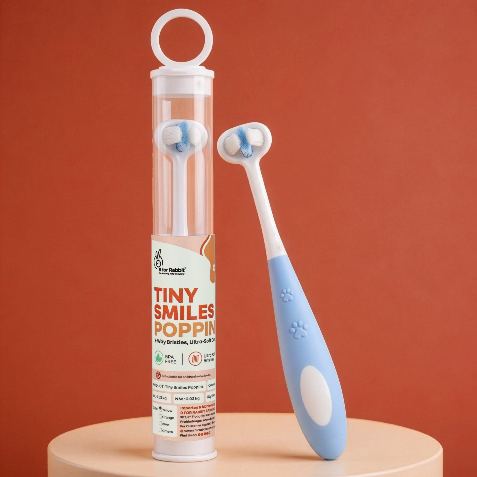 Tiny Smiles Poppins Kids Toothbrush, 3-Sided 360° Cleaning Brush, Ultra-Soft PBT Bristles - Blue