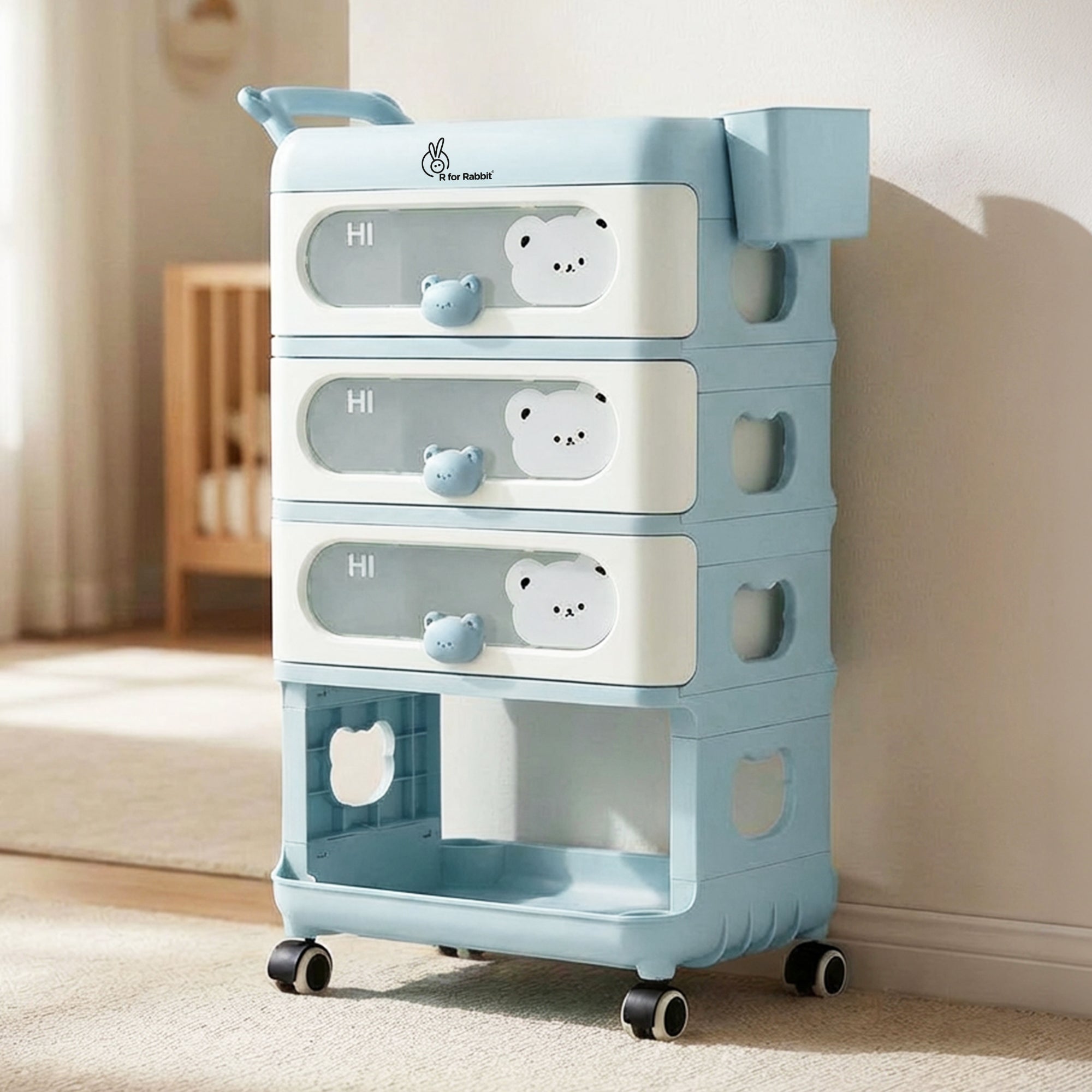 Kiddo Korner Bear Baby Storage Organizer with 3 Drawers, Open Storage, 360° Wheels & Detachable Basket - Blue Cream