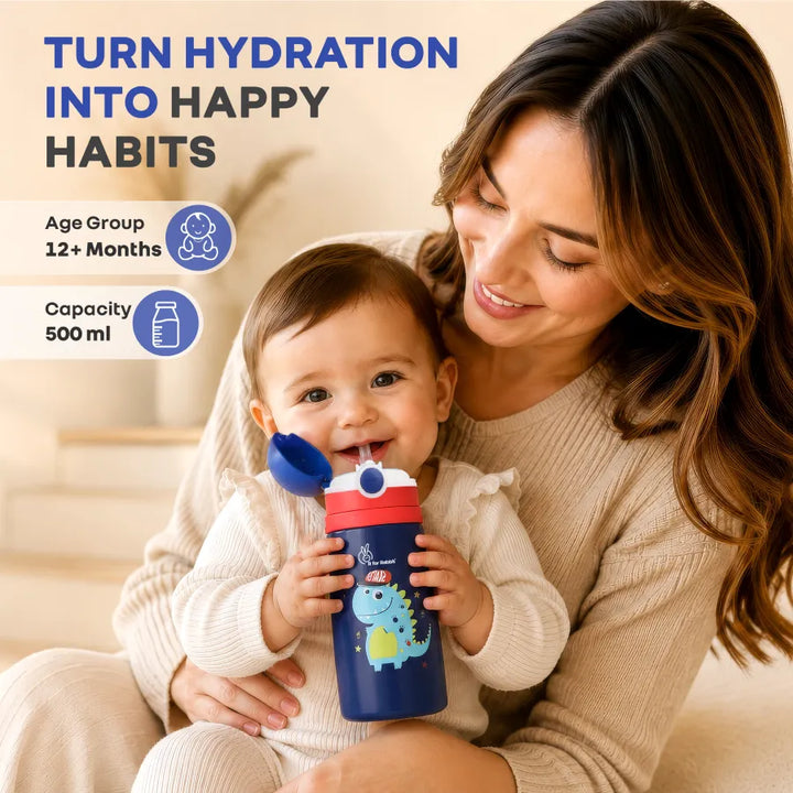 Steebo Safari Stainless Steel Sipper Bottle for Kids 500ml - Blue Dino