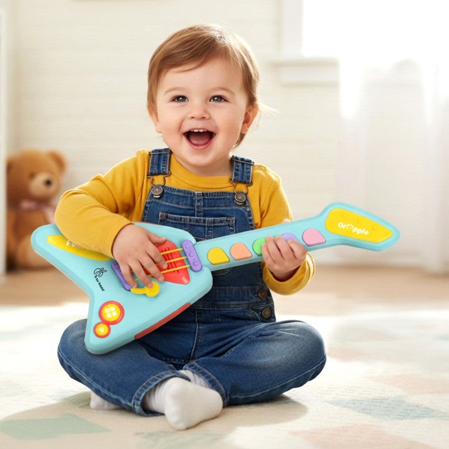 Orapple Funtunes Guitar Musical Toy for Kids with Lights, Music, 4 Play Modes, 5-Level Volume Control & BIS Certified Safety (12+ Months) - Blue Multi