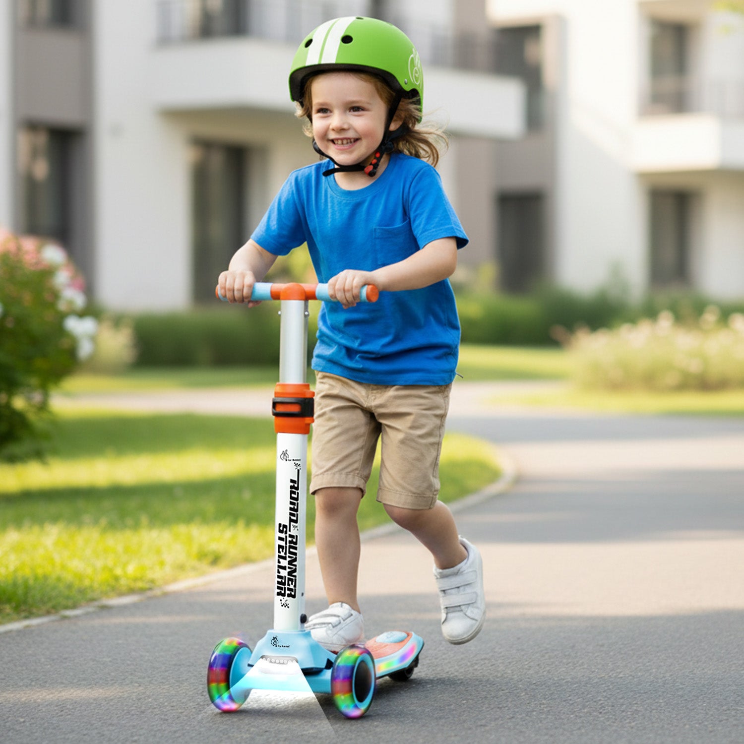 Road Runner Stellar - LED Scooter for Kids with Bluetooth Music, Adjustable Height & Smooth Ride - Blue Orange