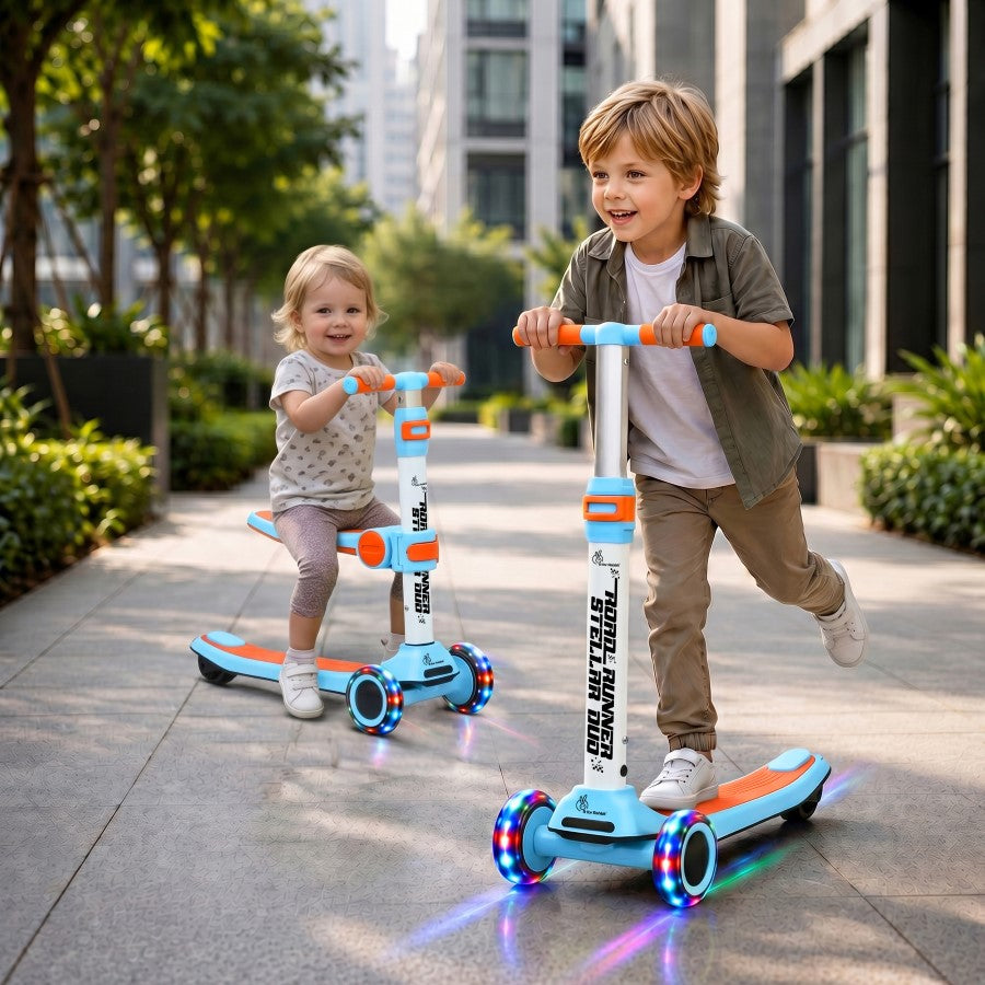 Road Runner Stellar Duo 2 in 1 Kick Scooter with Removable Seat - Adjustable Height - Colourful LED Lights - ABEC 7 Bearings - BIS Certified Kids Scooter - Age 3+ Years - Blue Orange
