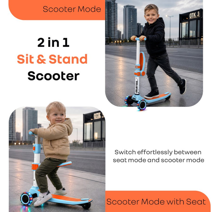 Road Runner Stellar Duo 2 in 1 Kick Scooter with Removable Seat - Adjustable Height - Colourful LED Lights - ABEC 7 Bearings - BIS Certified Kids Scooter - Age 3+ Years - Blue Orange