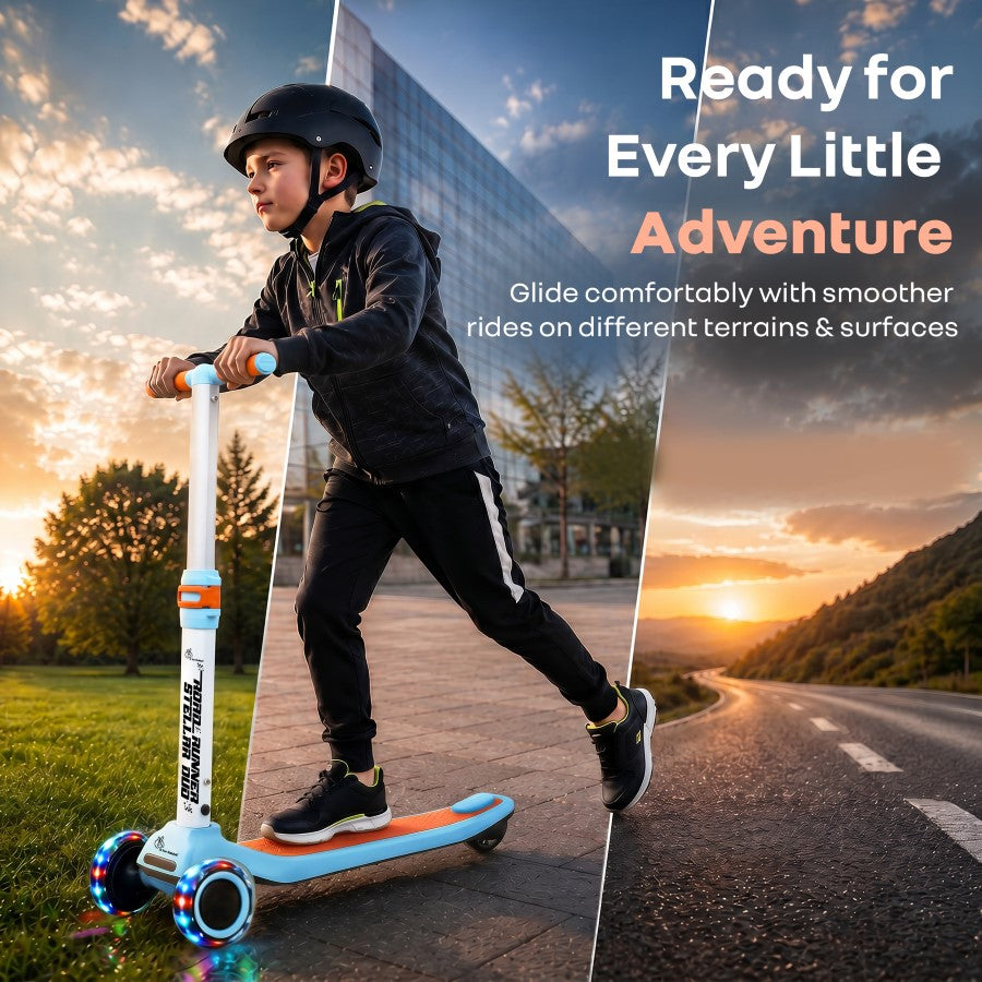 Road Runner Stellar Duo 2 in 1 Kick Scooter with Removable Seat - Adjustable Height - Colourful LED Lights - ABEC 7 Bearings - BIS Certified Kids Scooter - Age 3+ Years - Blue Orange