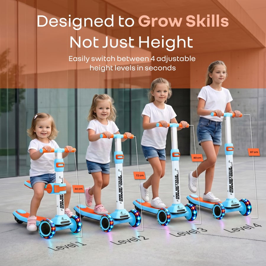 Road Runner Stellar Duo 2 in 1 Kick Scooter with Removable Seat - Adjustable Height - Colourful LED Lights - ABEC 7 Bearings - BIS Certified Kids Scooter - Age 3+ Years - Blue Orange
