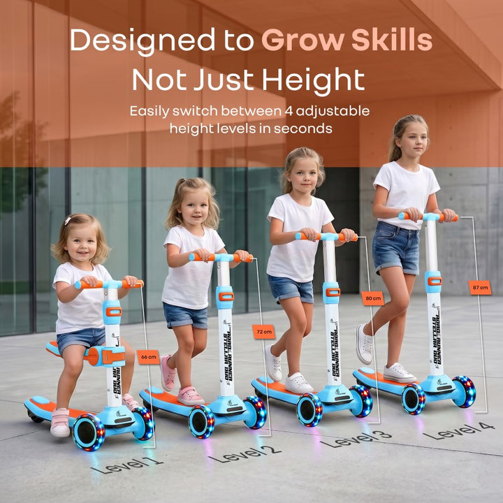 Road Runner Stellar Duo 2 in 1 Kick Scooter with Removable Seat - Adjustable Height - Colourful LED Lights - ABEC 7 Bearings - BIS Certified Kids Scooter - Age 3+ Years - Blue Orange
