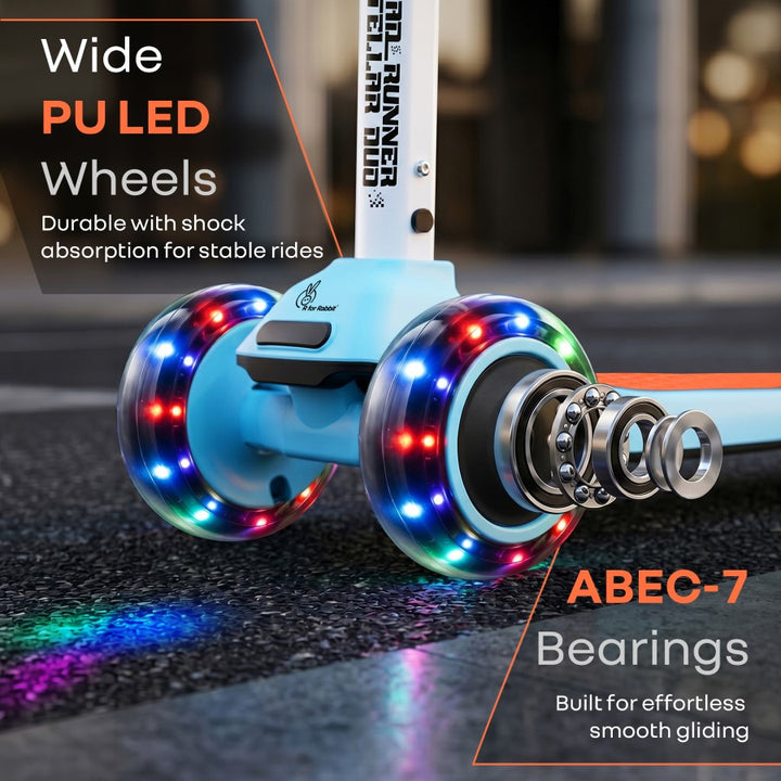 Road Runner Stellar Duo 2 in 1 Kick Scooter with Removable Seat - Adjustable Height - Colourful LED Lights - ABEC 7 Bearings - BIS Certified Kids Scooter - Age 3+ Years - Blue Orange