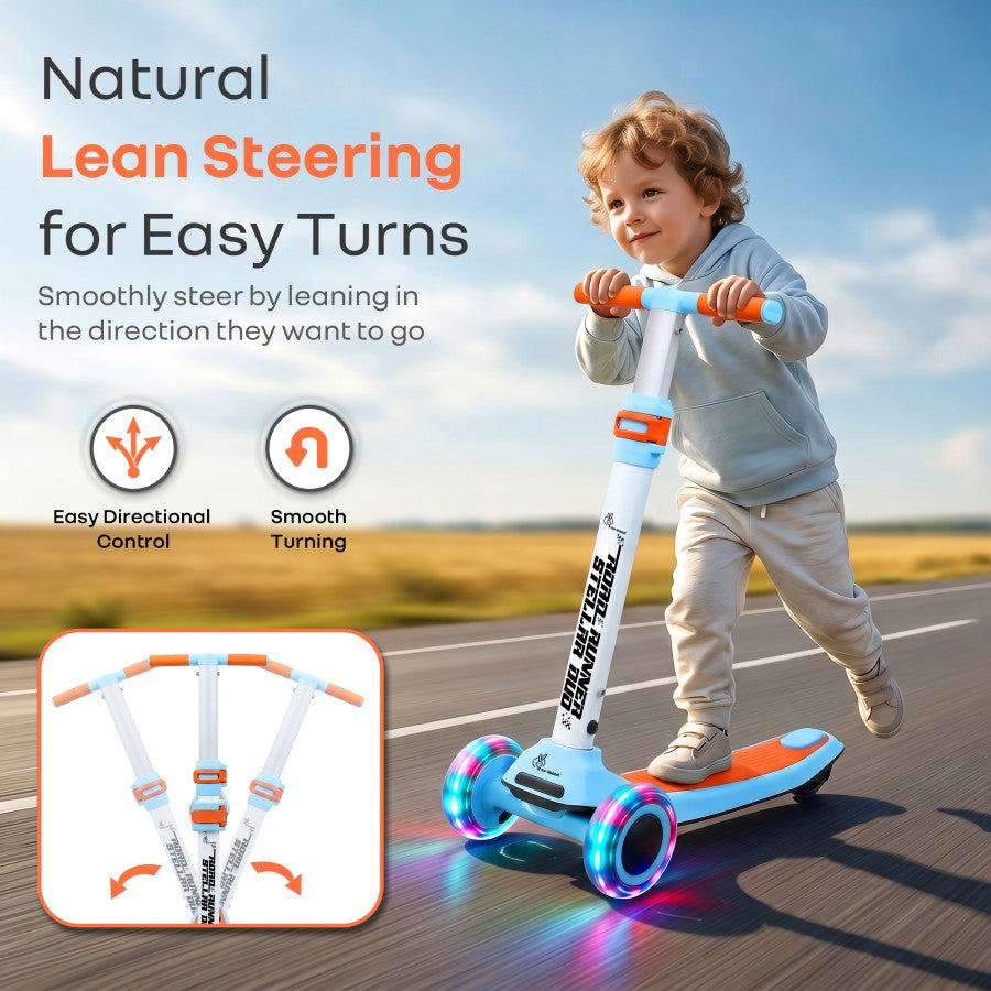 Road Runner Stellar Duo 2 in 1 Kick Scooter with Removable Seat - Adjustable Height - Colourful LED Lights - ABEC 7 Bearings - BIS Certified Kids Scooter - Age 3+ Years - Blue Orange