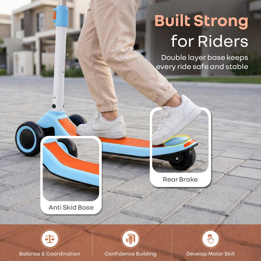 Road Runner Stellar Duo 2 in 1 Kick Scooter with Removable Seat - Adjustable Height - Colourful LED Lights - ABEC 7 Bearings - BIS Certified Kids Scooter - Age 3+ Years - Blue Orange