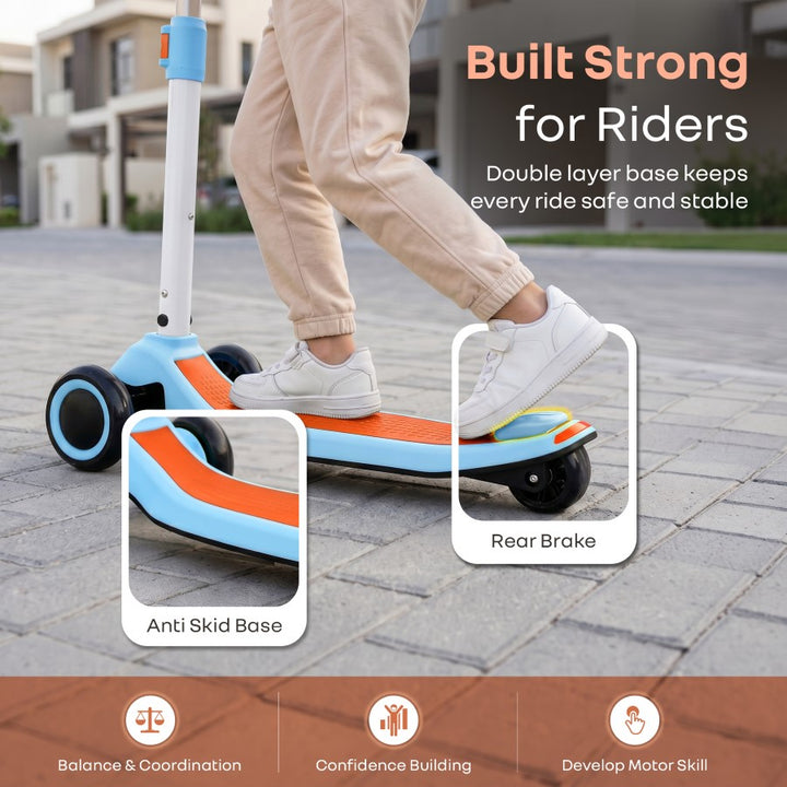 Road Runner Stellar Duo 2 in 1 Kick Scooter with Removable Seat - Adjustable Height - Colourful LED Lights - ABEC 7 Bearings - BIS Certified Kids Scooter - Age 3+ Years - Blue Orange