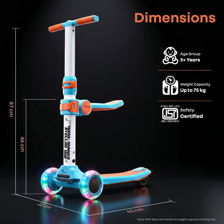 Road Runner Stellar Duo 2 in 1 Kick Scooter with Removable Seat - Adjustable Height - Colourful LED Lights - ABEC 7 Bearings - BIS Certified Kids Scooter - Age 3+ Years - Blue Orange