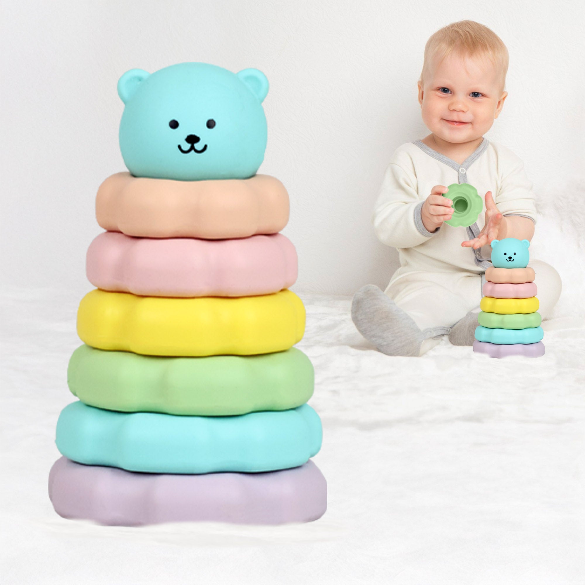 Orapple Teddy Stacker - Fun & Safe Educational Stacking Toy for Babies - Blue Teddy