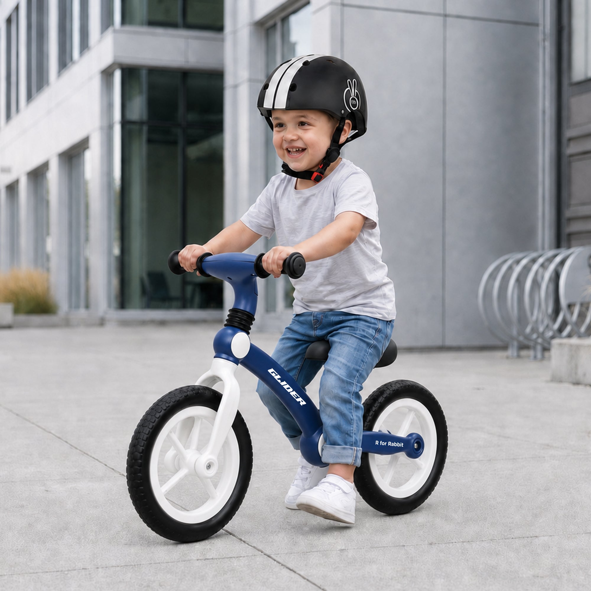Glider Balance Bike for Kids with Adjustable PU Cushioned Seat, Puncture Proof EVA Wheels & Soft TPE Handles - Blue White