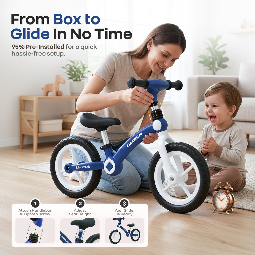 Glider Balance Bike for Kids with Adjustable PU Cushioned Seat, Puncture Proof EVA Wheels & Soft TPE Handles - Blue White
