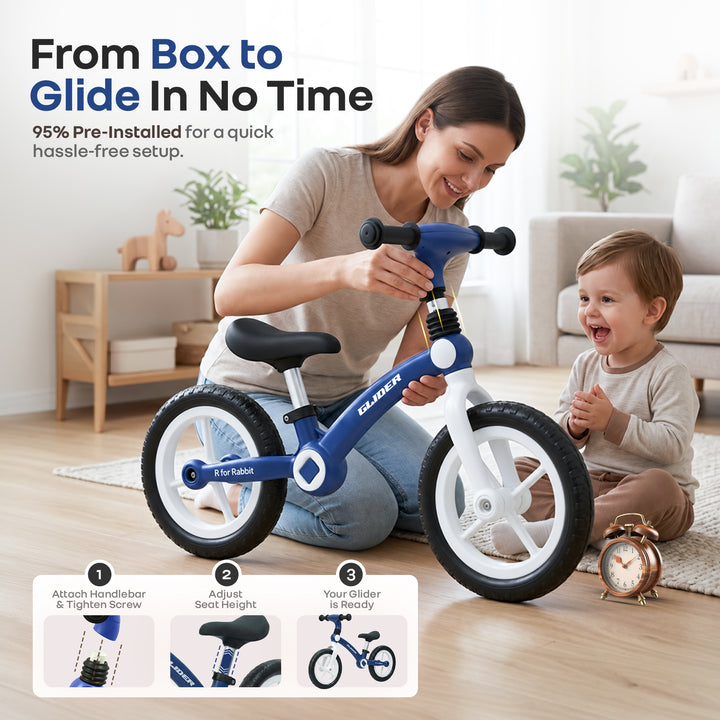 Glider Balance Bike for Kids with Adjustable PU Cushioned Seat, Puncture Proof EVA Wheels & Soft TPE Handles - Blue White