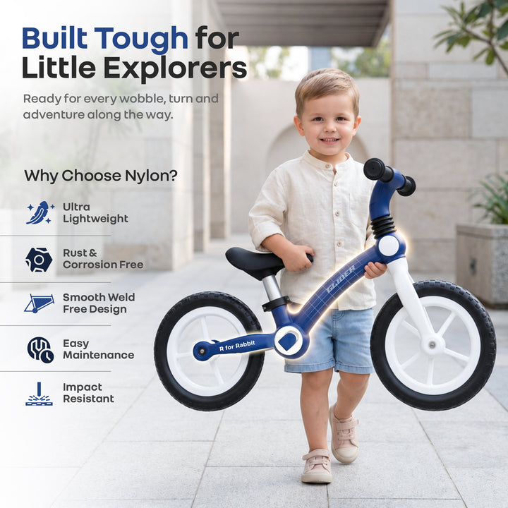 Glider Balance Bike for Kids with Adjustable PU Cushioned Seat, Puncture Proof EVA Wheels & Soft TPE Handles - Blue White