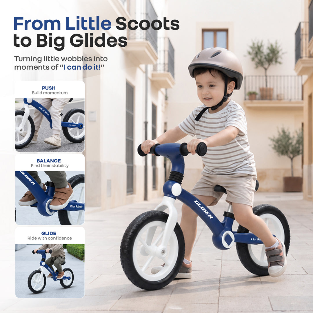 Glider Balance Bike for Kids with Adjustable PU Cushioned Seat, Puncture Proof EVA Wheels & Soft TPE Handles - Blue White