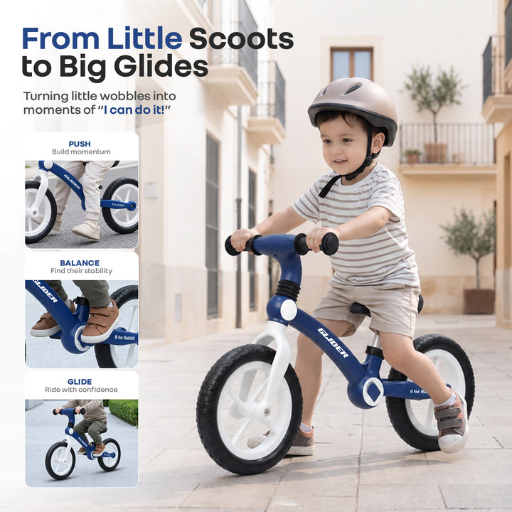 Glider Balance Bike for Kids with Adjustable PU Cushioned Seat, Puncture Proof EVA Wheels & Soft TPE Handles - Blue White