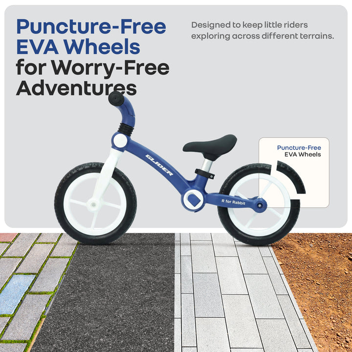 Glider Balance Bike for Kids with Adjustable PU Cushioned Seat, Puncture Proof EVA Wheels & Soft TPE Handles - Blue White