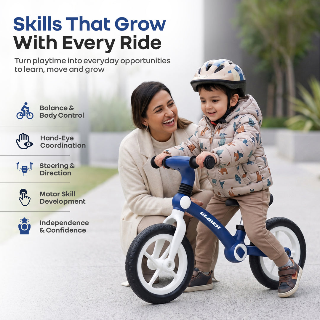 Glider Balance Bike for Kids with Adjustable PU Cushioned Seat, Puncture Proof EVA Wheels & Soft TPE Handles - Blue White