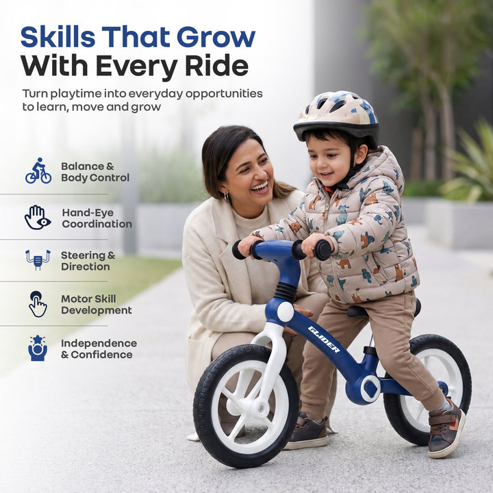Glider Balance Bike for Kids with Adjustable PU Cushioned Seat, Puncture Proof EVA Wheels & Soft TPE Handles - Blue White