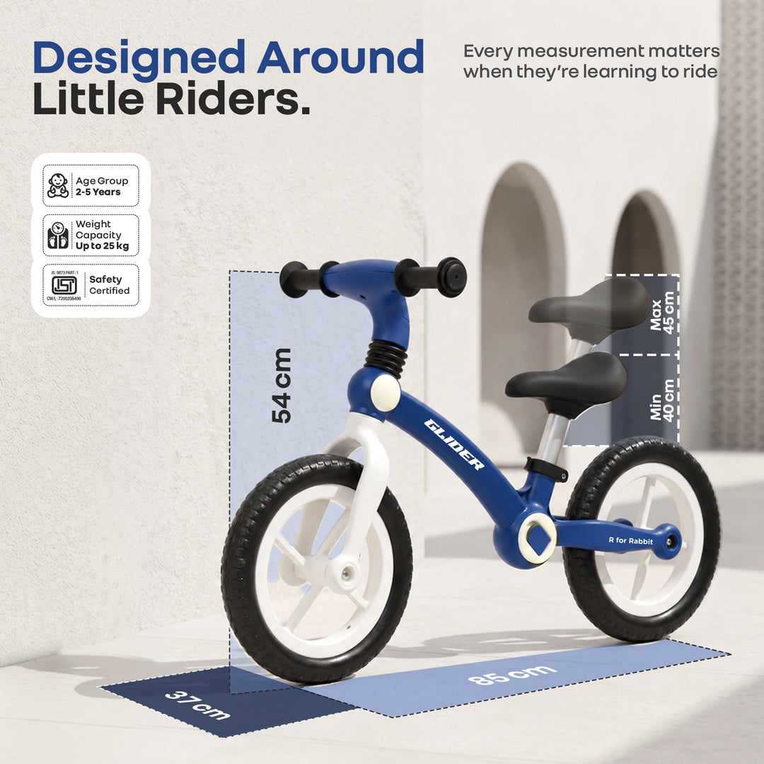 Glider Balance Bike for Kids with Adjustable PU Cushioned Seat, Puncture Proof EVA Wheels & Soft TPE Handles - Blue White
