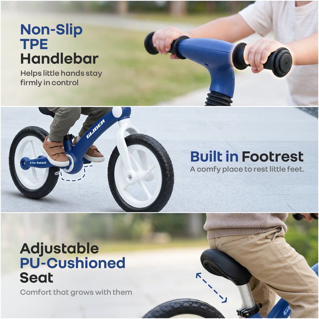 Glider Balance Bike for Kids with Adjustable PU Cushioned Seat, Puncture Proof EVA Wheels & Soft TPE Handles - Blue White