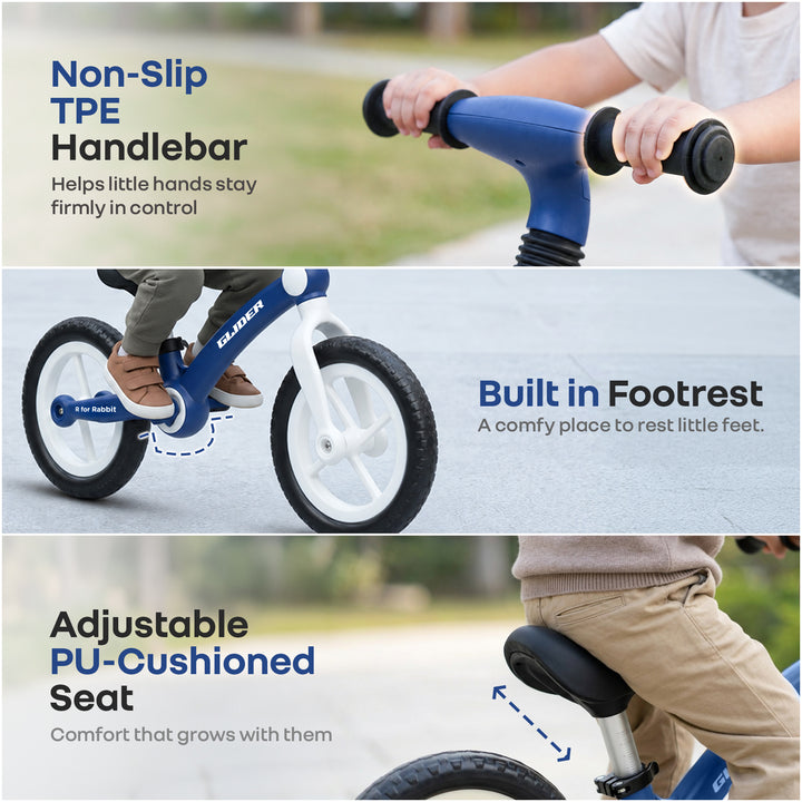 Glider Balance Bike for Kids with Adjustable PU Cushioned Seat, Puncture Proof EVA Wheels & Soft TPE Handles - Blue White