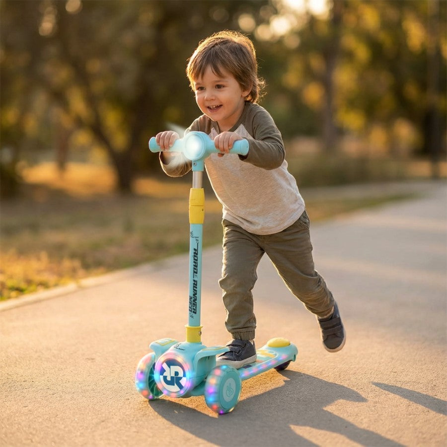 Road Runner Neo Kids Scooter with LED PU Wheels, Music, Gravity Steering, 4-Level Height Adjustment & BIS Certified Safety (3+ Years) - Blue Yellow