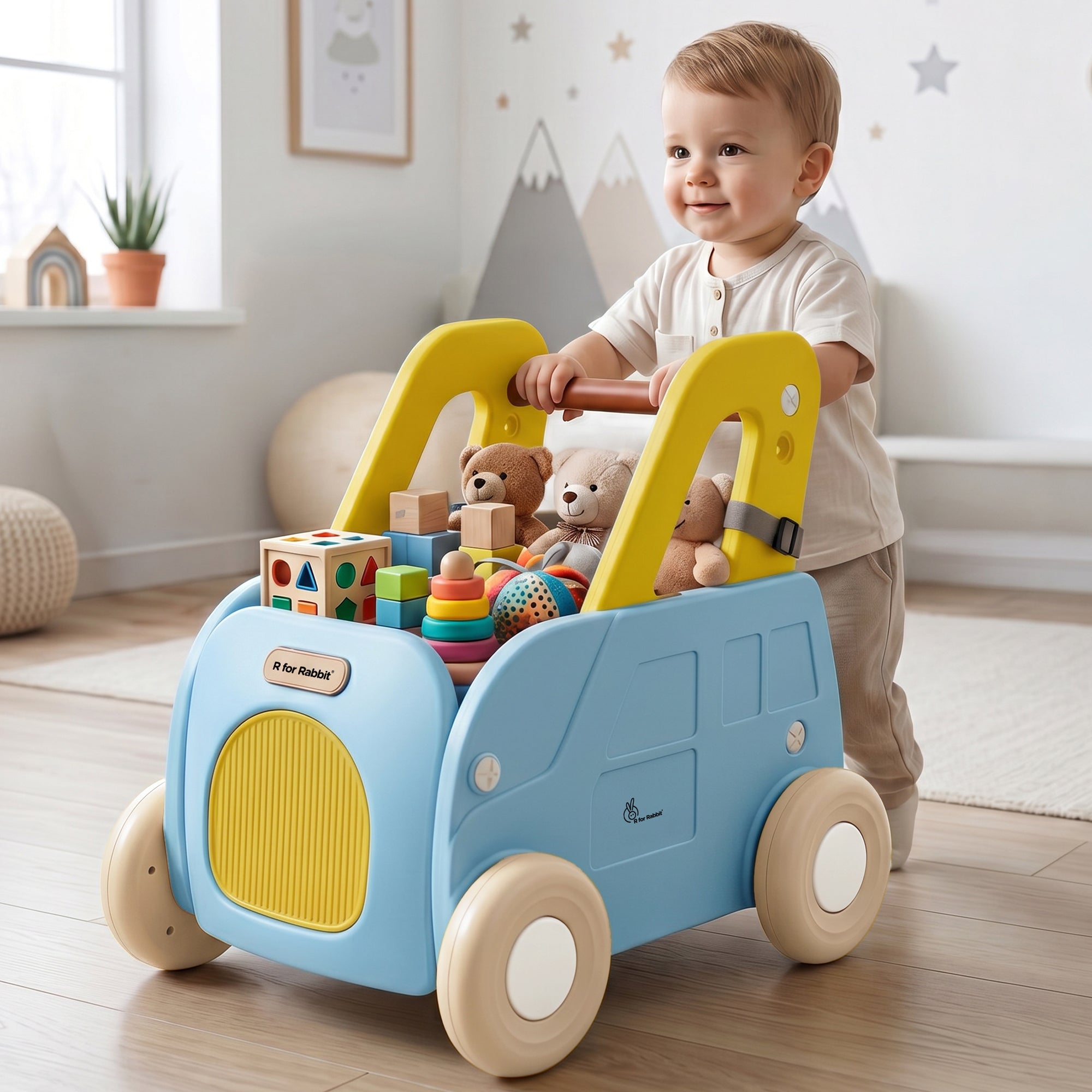 Kiddie Kart 4 in 1 Kids Toy Storage Cart, Sit & Ride, Push Walker & Pull Along, Adjustable Dual Height Handlebar, Quick Plug & Play, Age 0–3 Years – Blue Yellow