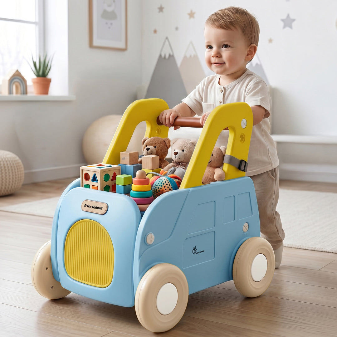 Kiddie Kart 4 in 1 Kids Toy Storage Cart, Sit & Ride, Push Walker & Pull Along, Adjustable Dual Height Handlebar, Quick Plug & Play, Age 0–3 Years – Blue Yellow