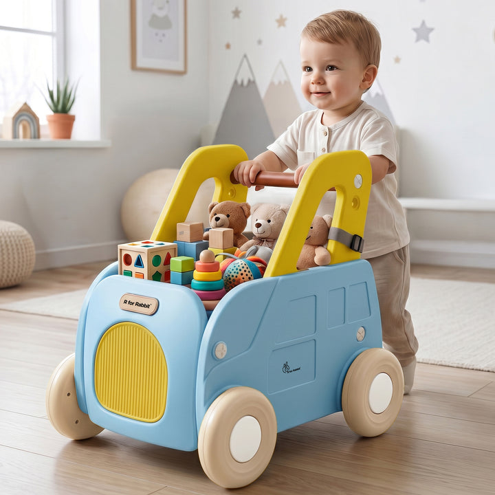 Kiddie Kart 4 in 1 Kids Toy Storage Cart, Sit & Ride, Push Walker & Pull Along, Adjustable Dual Height Handlebar, Quick Plug & Play, Age 0–3 Years – Blue Yellow