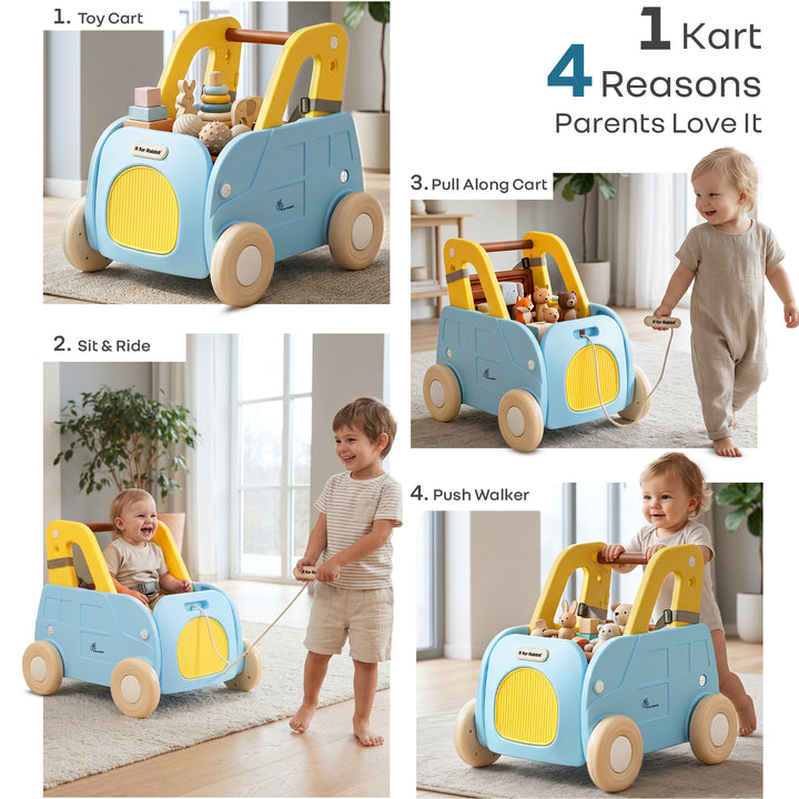 Kiddie Kart 4 in 1 Kids Toy Storage Cart, Sit & Ride, Push Walker & Pull Along, Adjustable Dual Height Handlebar, Quick Plug & Play, Age 0–3 Years – Blue Yellow