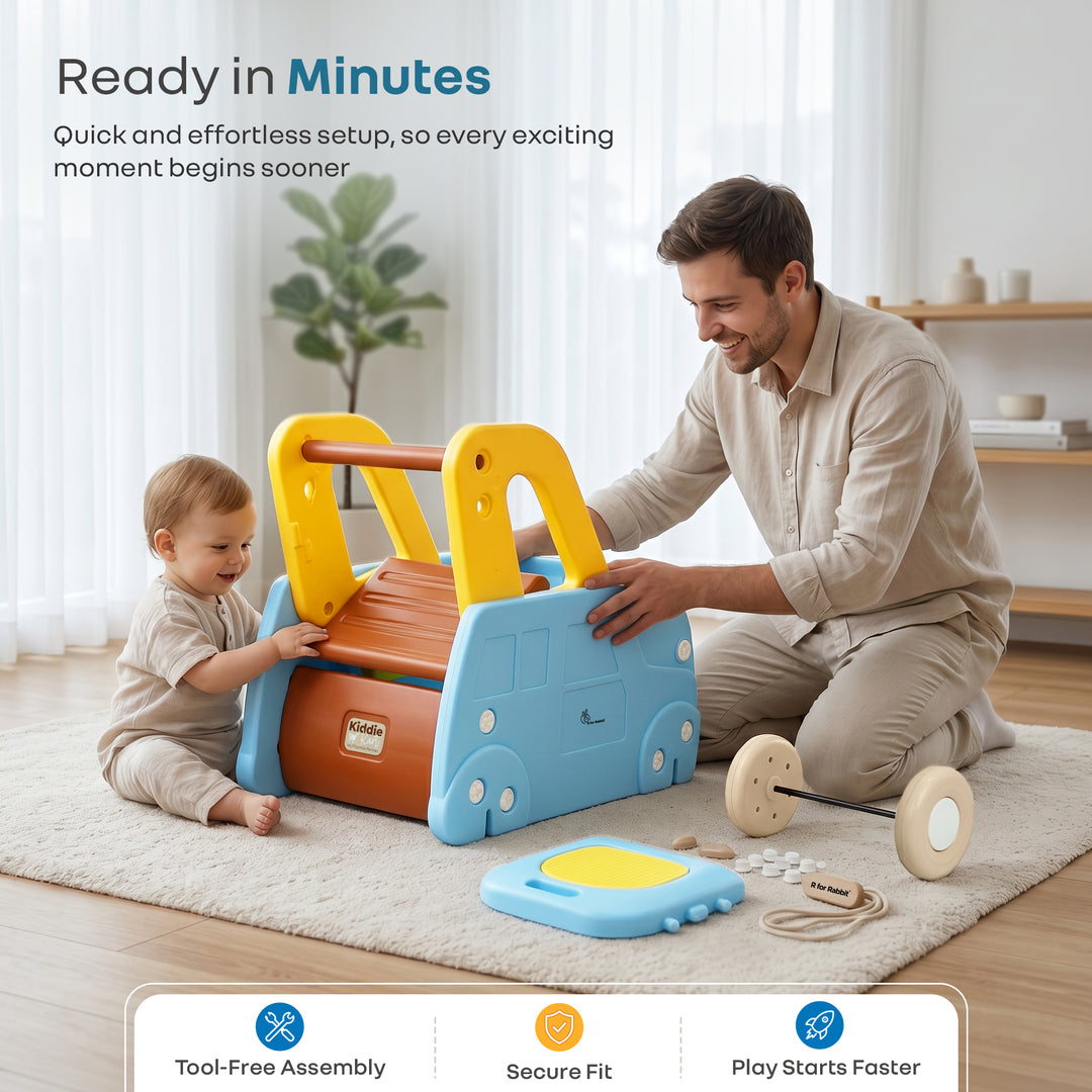 Kiddie Kart 4 in 1 Kids Toy Storage Cart, Sit & Ride, Push Walker & Pull Along, Adjustable Dual Height Handlebar, Quick Plug & Play, Age 0–3 Years – Blue Yellow