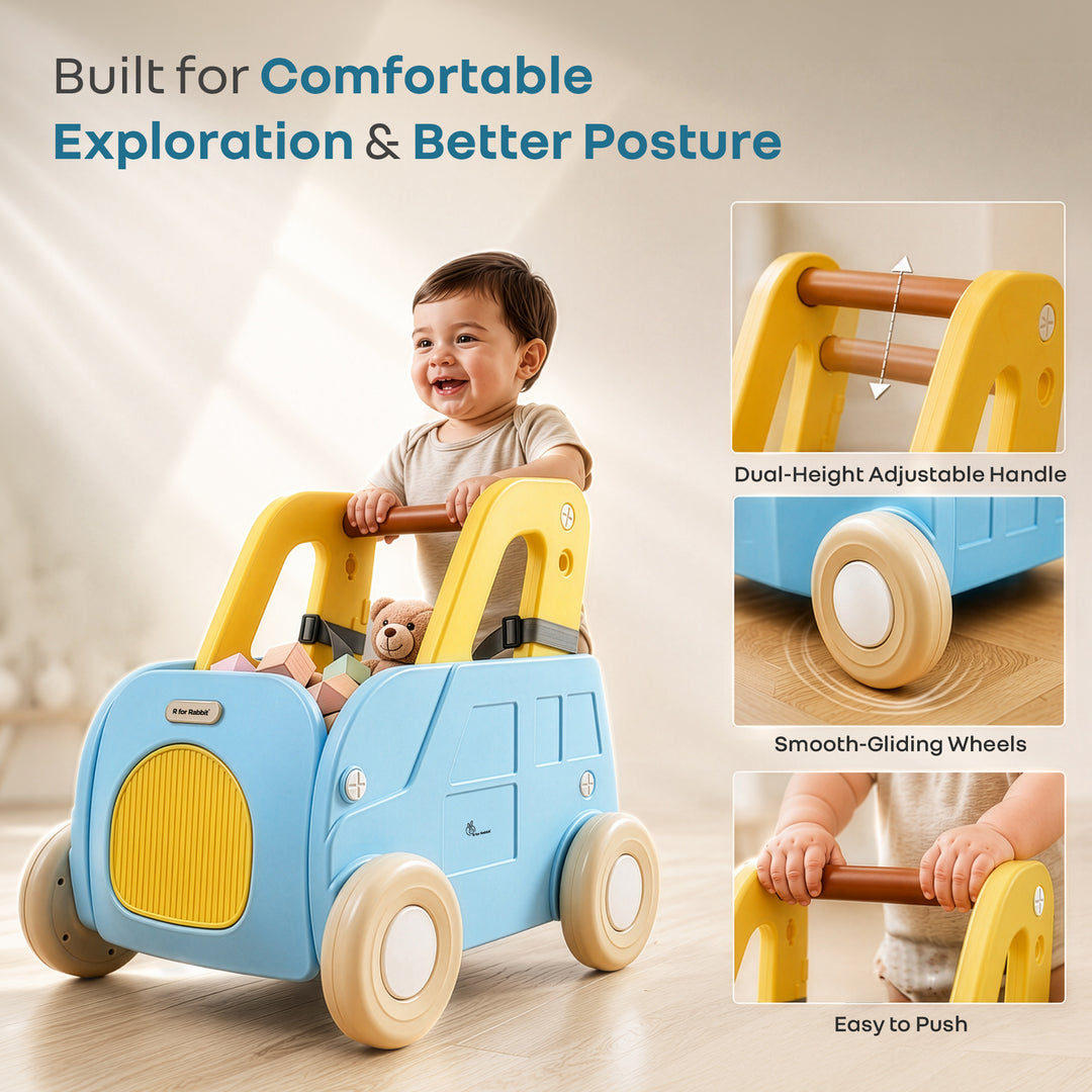Kiddie Kart 4 in 1 Kids Toy Storage Cart, Sit & Ride, Push Walker & Pull Along, Adjustable Dual Height Handlebar, Quick Plug & Play, Age 0–3 Years – Blue Yellow