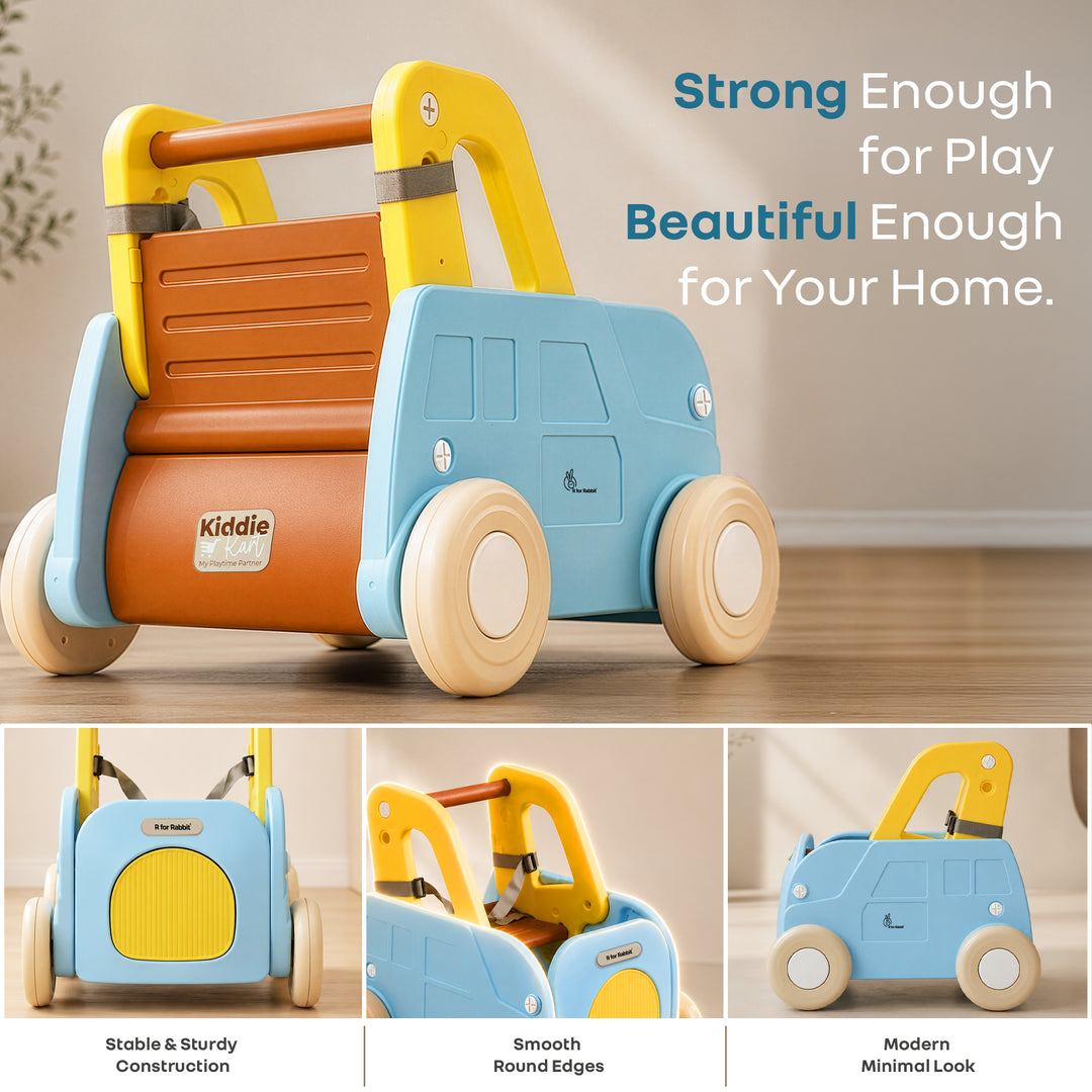 Kiddie Kart 4 in 1 Kids Toy Storage Cart, Sit & Ride, Push Walker & Pull Along, Adjustable Dual Height Handlebar, Quick Plug & Play, Age 0–3 Years – Blue Yellow