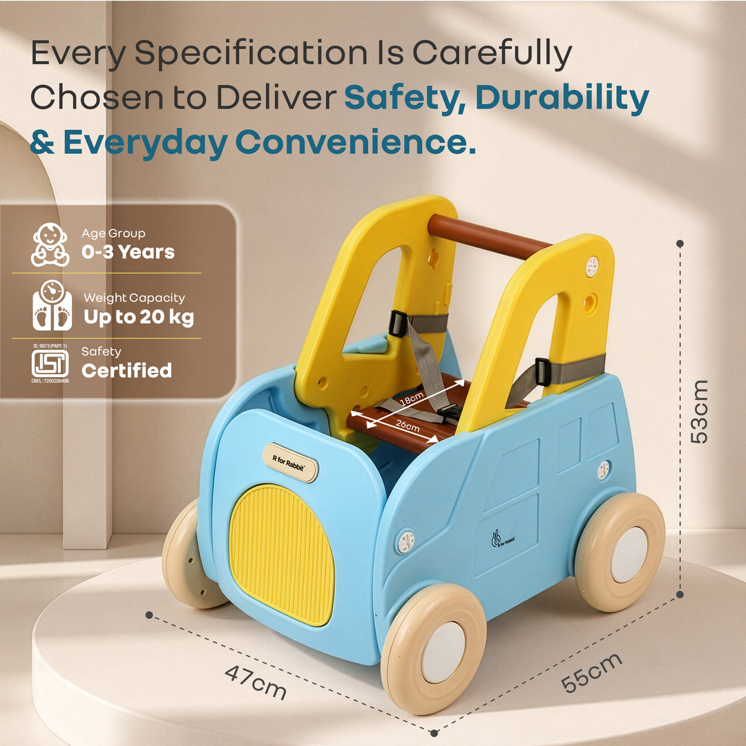 Kiddie Kart 4 in 1 Kids Toy Storage Cart, Sit & Ride, Push Walker & Pull Along, Adjustable Dual Height Handlebar, Quick Plug & Play, Age 0–3 Years – Blue Yellow