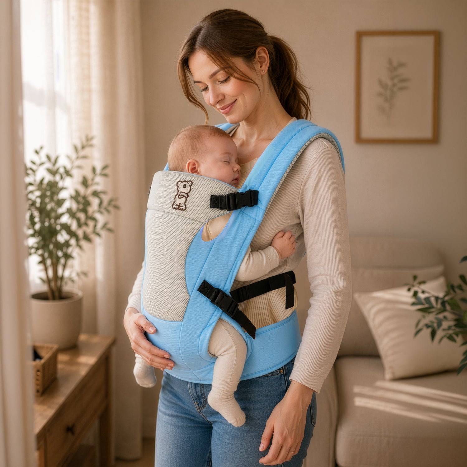 New Cuddle Snuggle Carriers cum Kangaroo Bag, Front / Back Baby Carrier Position, Foldable Head Support - Blue