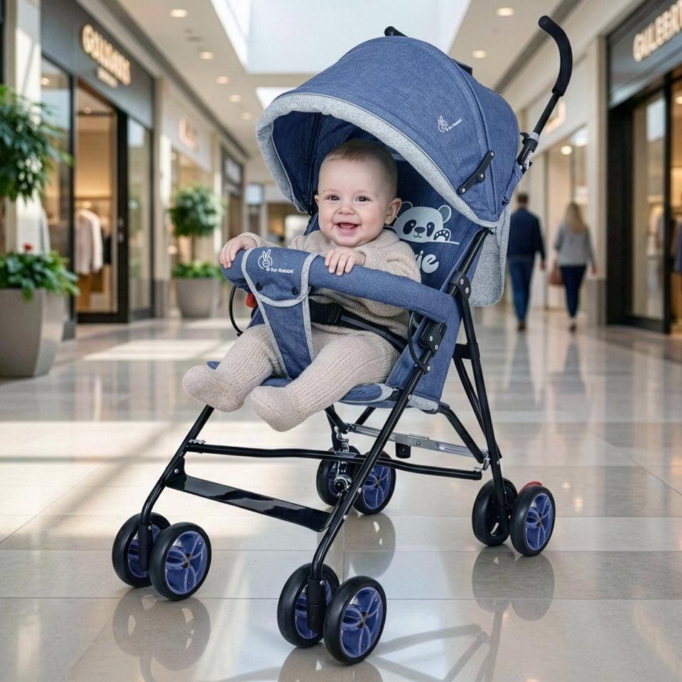 Pixie Buggy Stroller Easy to Fold and Store, UV Sun Protection Canopy, Rear Brakes, Storage Bag - Blue Grey