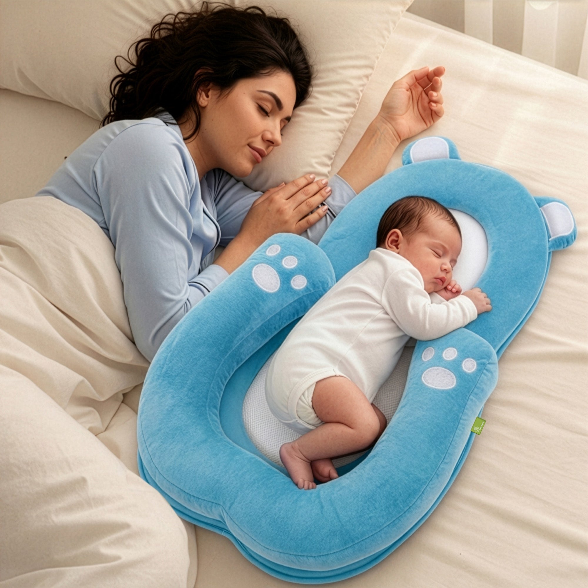 Snuggy Teddy Baby Lounger Nest - 4 in 1 Multipurpose Baby Bedding with Head Support Pillow, Plush Fabric, U-Shaped Cushion Design & Travel Friendly Baby Nest (0+ Months) - Blue