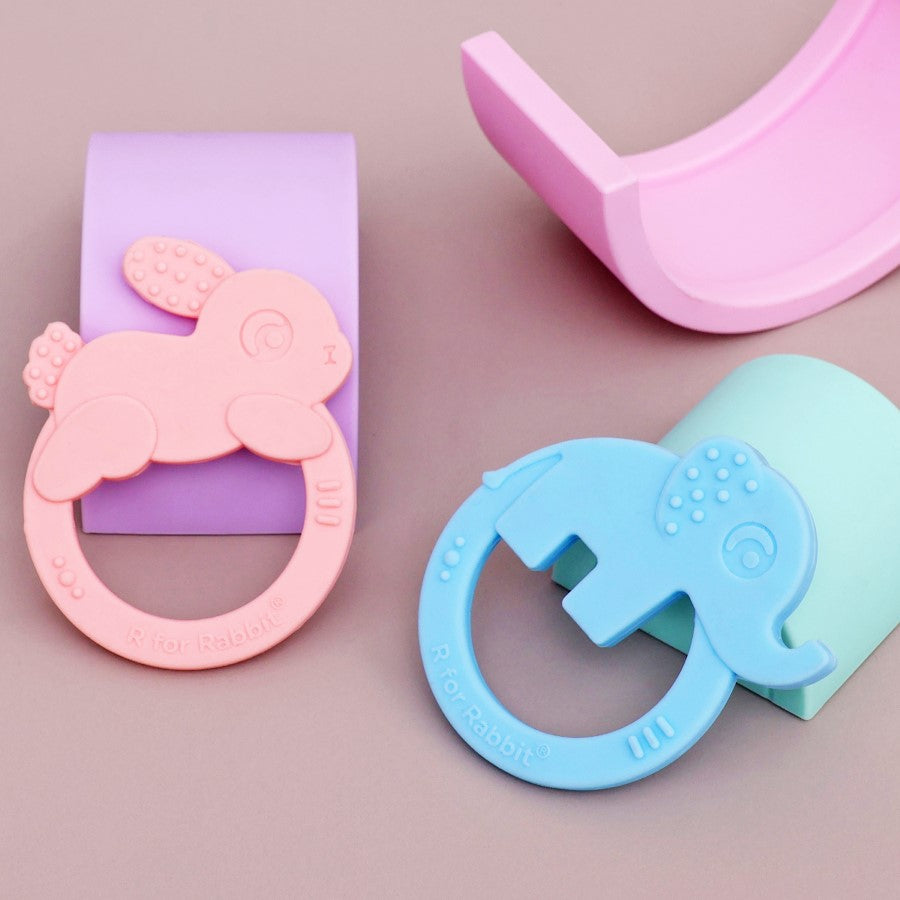 Tiny Bites Zoobie Baby Silicone Teethers Pack of 2 Elephant and Rabbit, Crocodile and Rabbit - Blue-Pink