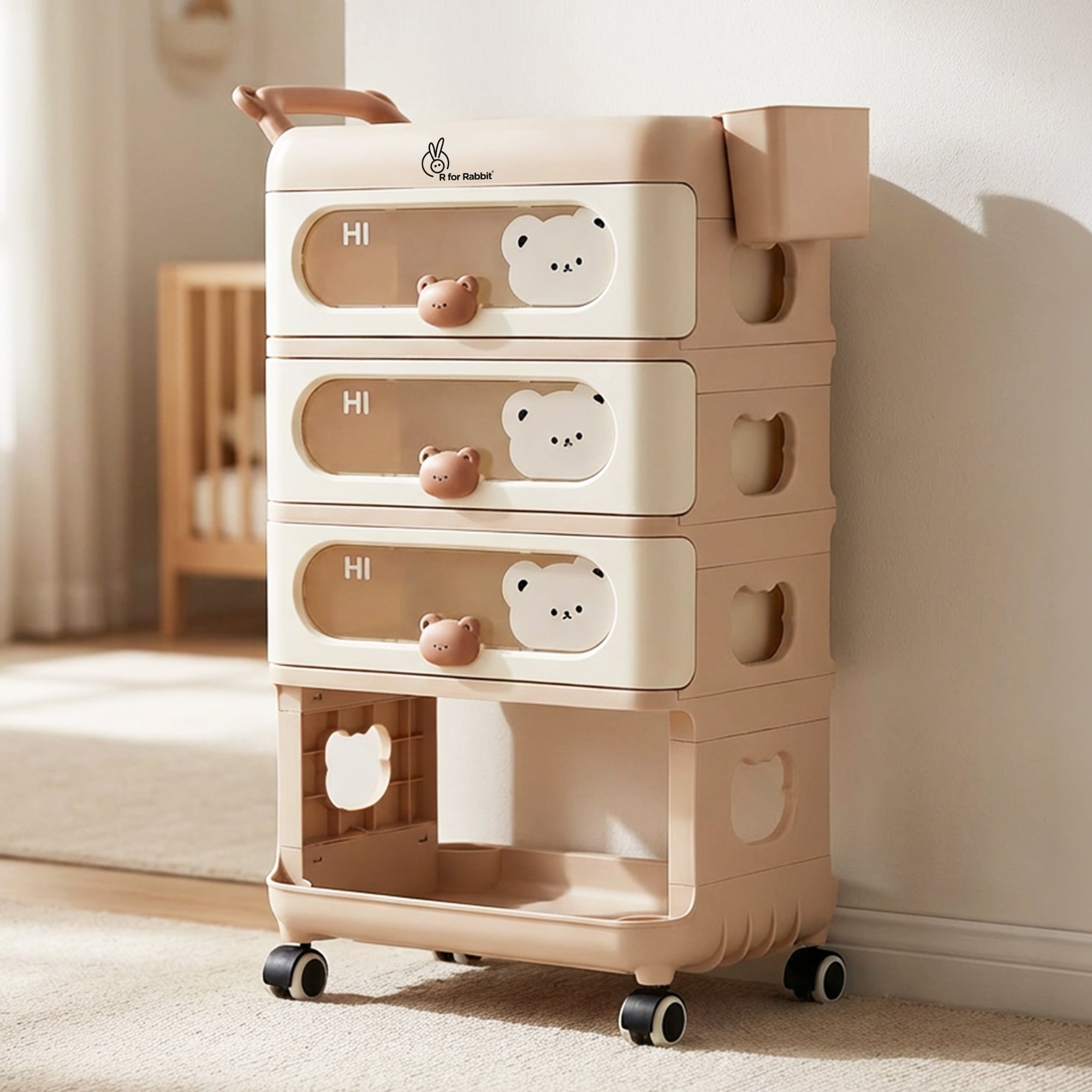 Kiddo Korner Bear Baby Storage Organizer with 3 Drawers, Open Storage, 360° Wheels & Detachable Basket - Brown Cream