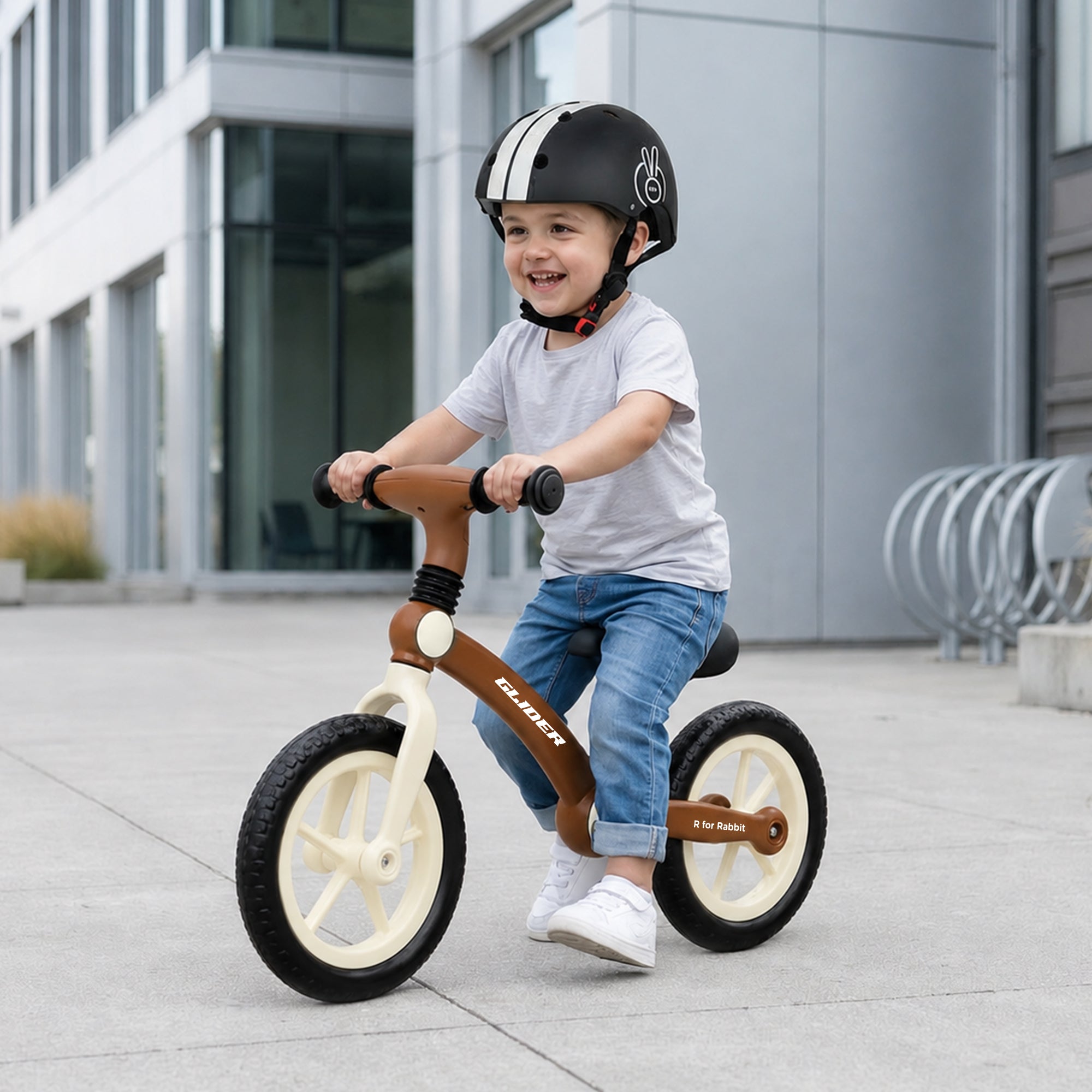 Glider Balance Bike for Kids with Adjustable PU Cushioned Seat, Puncture Proof EVA Wheels & Soft TPE Handles - Brown Cream