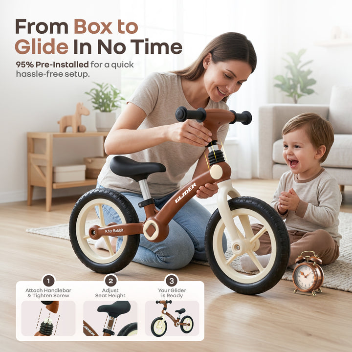 Glider Balance Bike for Kids with Adjustable PU Cushioned Seat, Puncture Proof EVA Wheels & Soft TPE Handles - Brown Cream