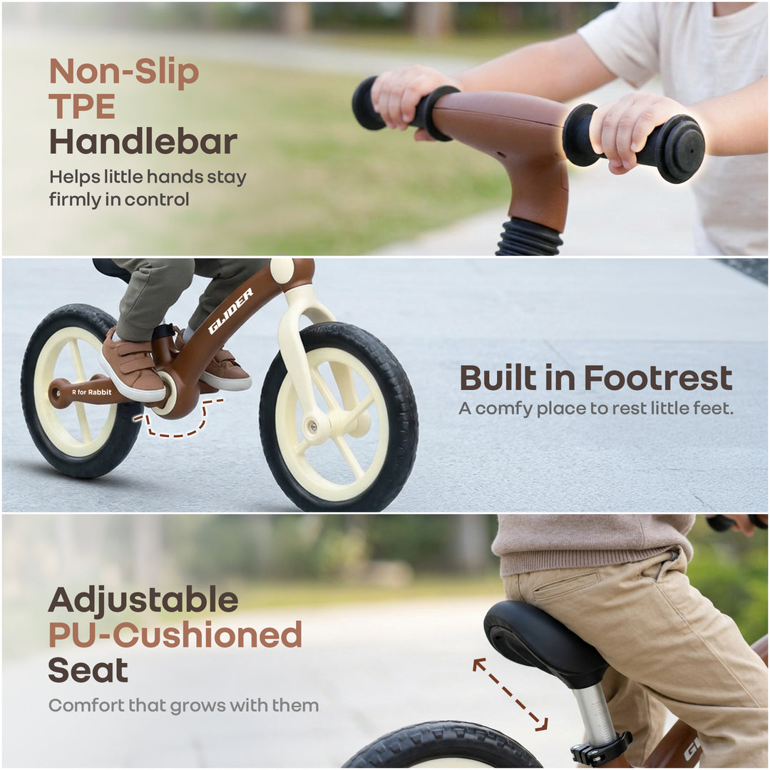 Glider Balance Bike for Kids with Adjustable PU Cushioned Seat, Puncture Proof EVA Wheels & Soft TPE Handles - Brown Cream