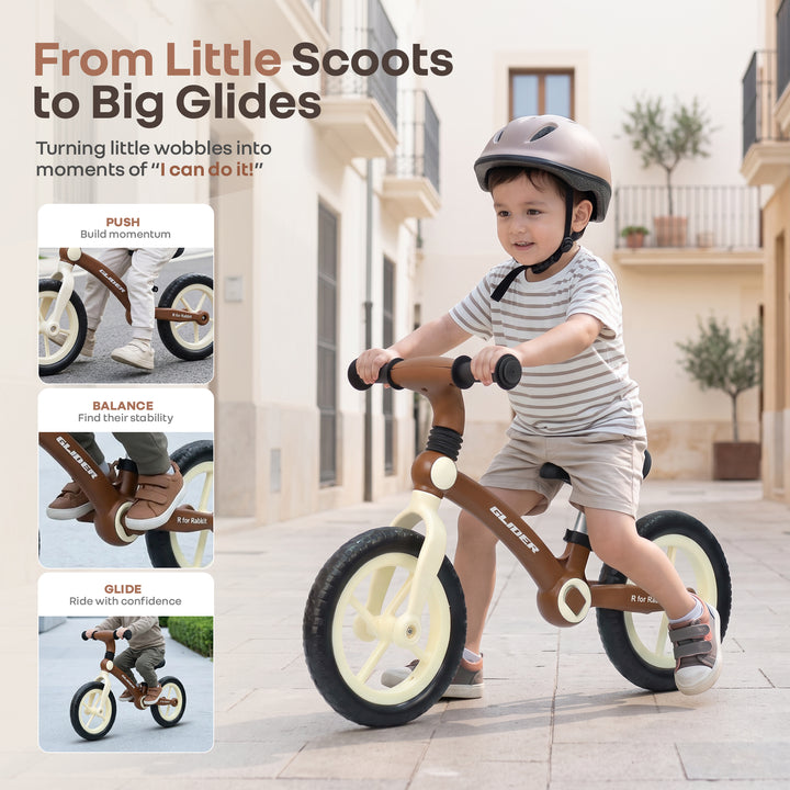 Glider Balance Bike for Kids with Adjustable PU Cushioned Seat, Puncture Proof EVA Wheels & Soft TPE Handles - Brown Cream