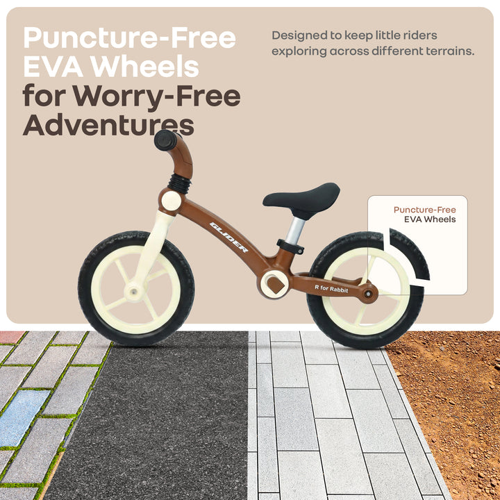 Glider Balance Bike for Kids with Adjustable PU Cushioned Seat, Puncture Proof EVA Wheels & Soft TPE Handles - Brown Cream