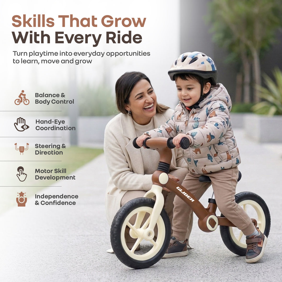 Glider Balance Bike for Kids with Adjustable PU Cushioned Seat, Puncture Proof EVA Wheels & Soft TPE Handles - Brown Cream